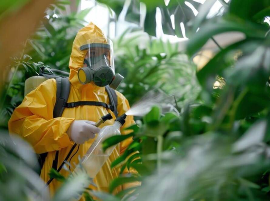 An arborist is spraying liquid pesticide