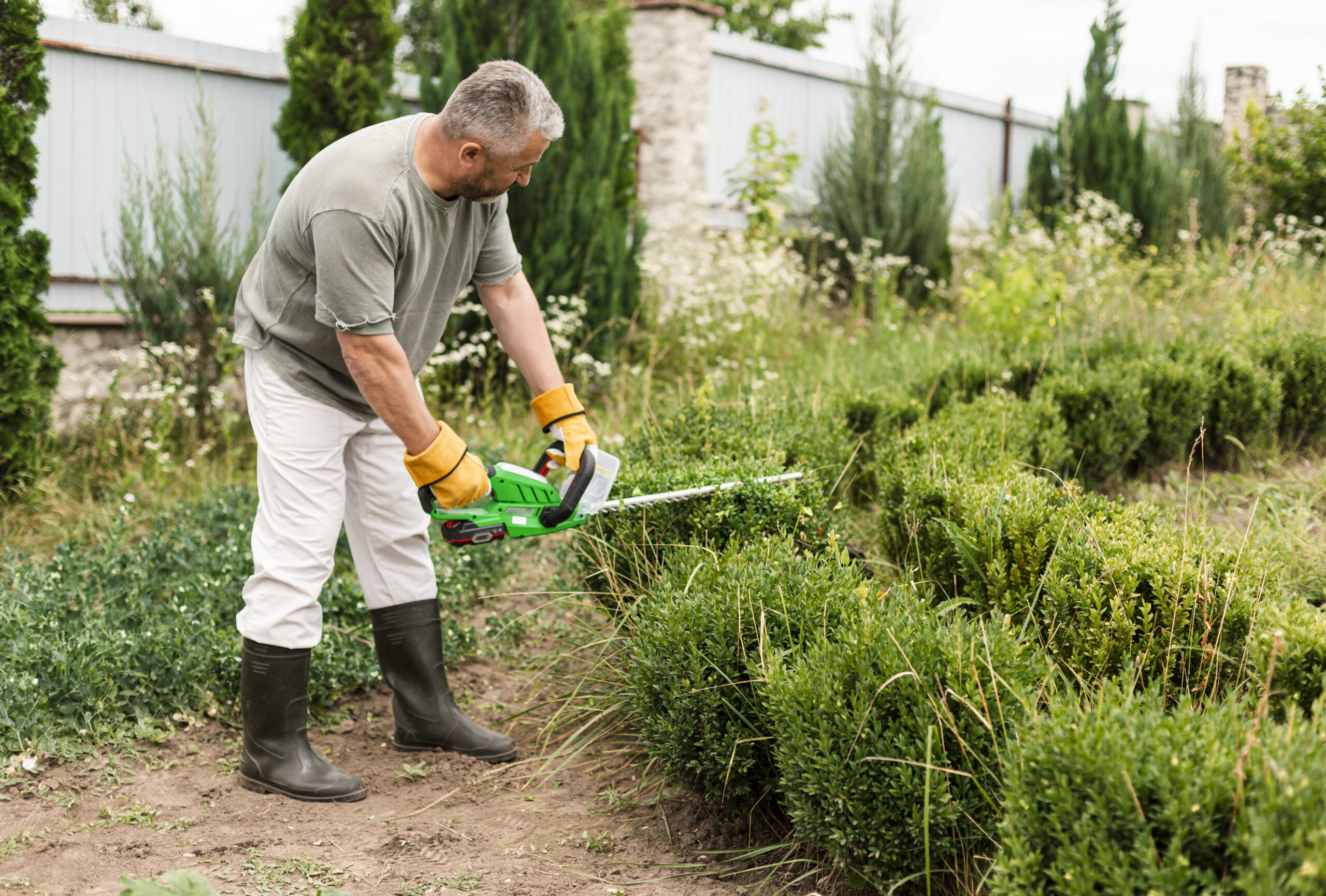 A man trims the shrubs as part of proper shrub care