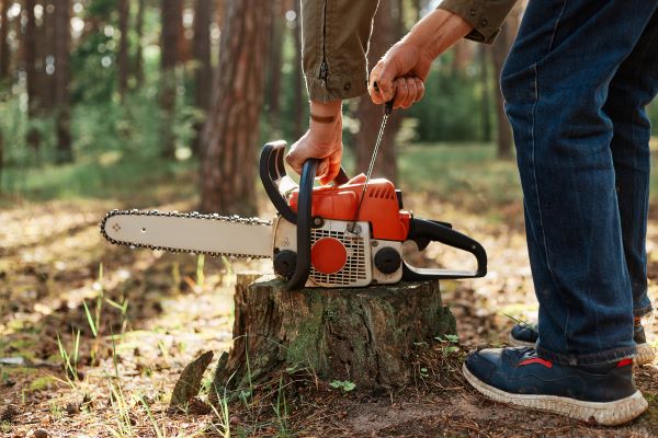 A person turning on a chainsaw.