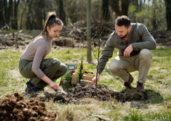 Workers are making sure they plant their trees at the right depth