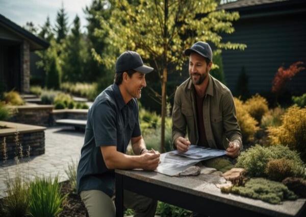 A homeowner is signing the contract for tree care service