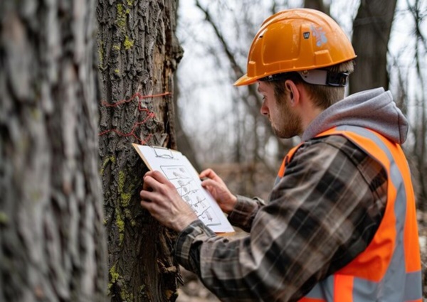 An arborist conducts tree health assessments